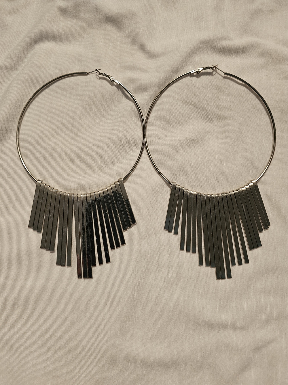 Silver Fringe Hoop Earrings with Bar Tassels - Women Jewelry